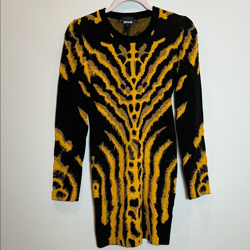 Roberto Cavalli Black and Yellow Animal Print Knit Dress